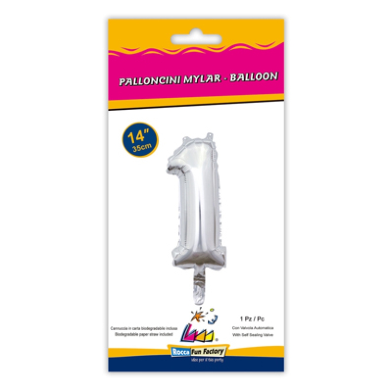 PALLONCINI MYLAR NUMERO 1 ARGENTO 35CM