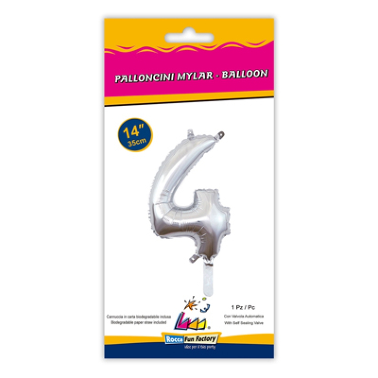 PALLONCINI MYLAR NUMERO 4 ARGENTO 35CM