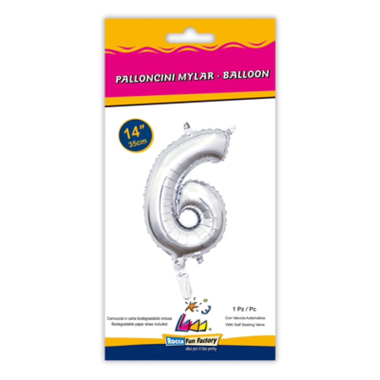 PALLONCINI MYLAR NUMERO 6 ARGENTO 35CM