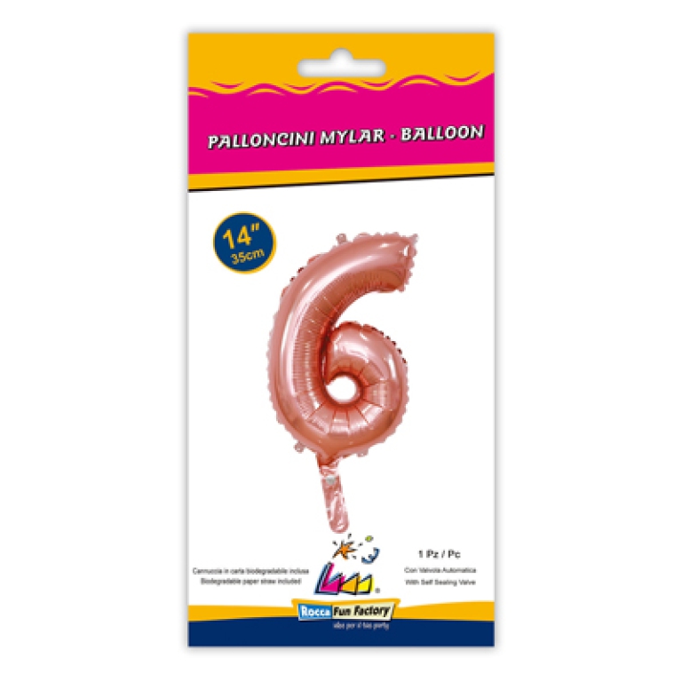 PALLONCINI MYLAR NUMERO 6 ROSA GOLD 35CM