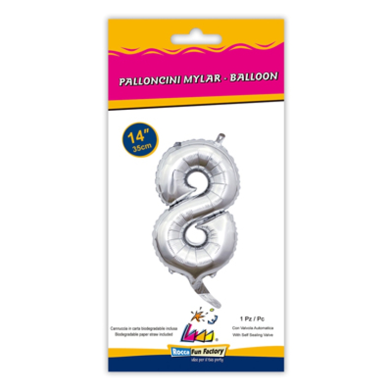 PALLONCINI MYLAR NUMERO 8 ARGENTO 35CM