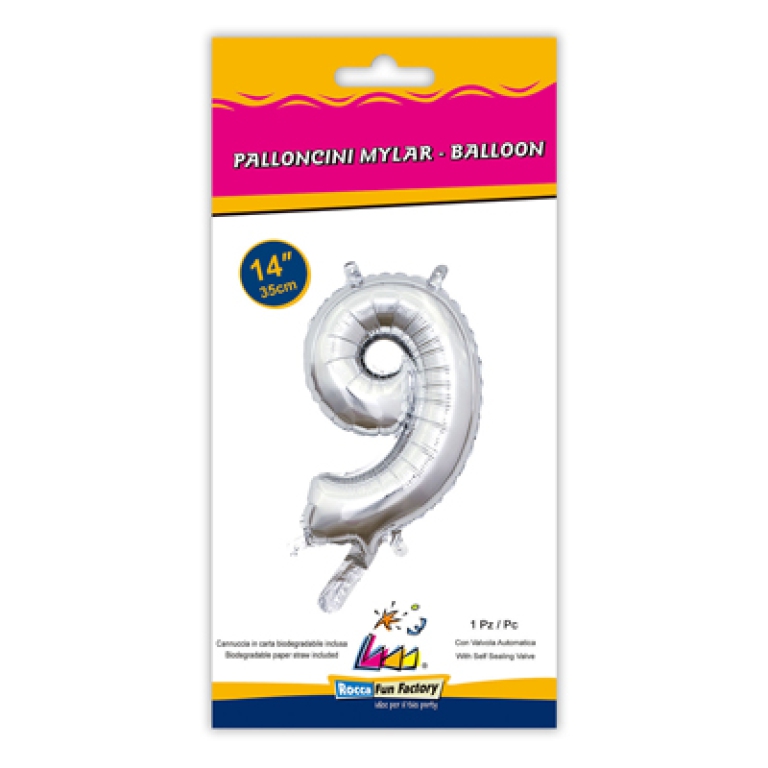 PALLONCINI MYLAR NUMERO 9 ARGENTO 35CM