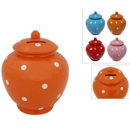 SALVADANAIO H19CM COLORI ASSORTITI POIS BIANCHI