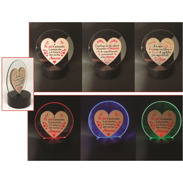 LAMPADA LED IN VETRO 14CM CON CUORE IN LEGNO