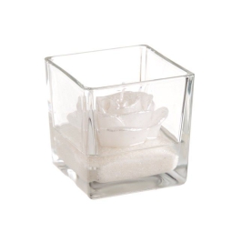 CUBO VETRO CON CANDELA   ROSA BIANCA 8X8X8CM
