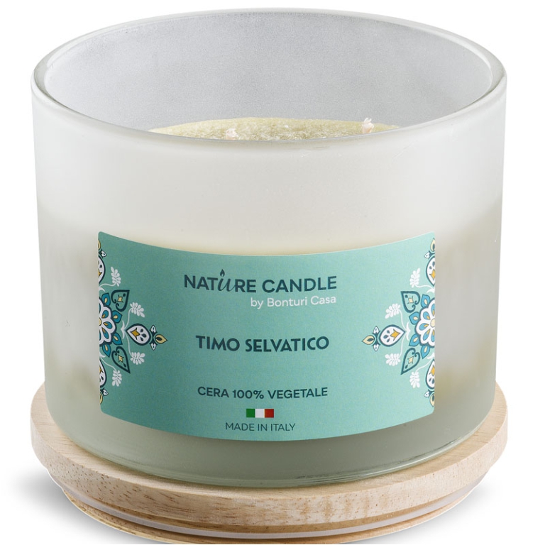 CANDELA 380GR VEGETALE VETRO TIMO SELVATICO mediterraneo