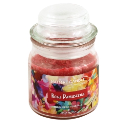 CANDELA 90GR VEGETALE IN GIARA VETRO ROSA DAMASC.