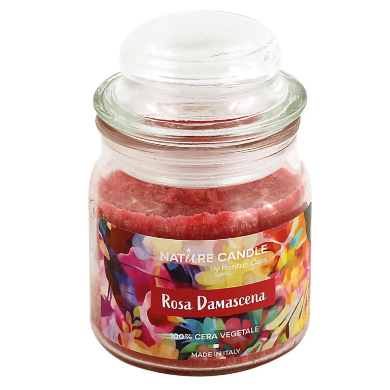 CANDELA VEGETALE 90GR IN GIARA VETRO ROSA DAMASC.