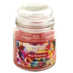 CANDELA 380GR VEGETALE IN GIARA VETRO ROSA DAMASC.