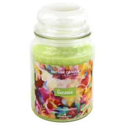 CANDELA 580GR VEGETALE IN GIARA VETRO GERANIO