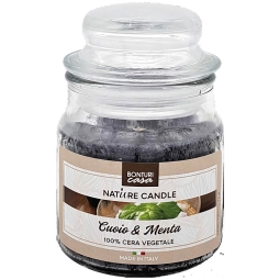 CANDELA 90GR VEGETALE IN GIARA VETRO CUOIO E MENTA