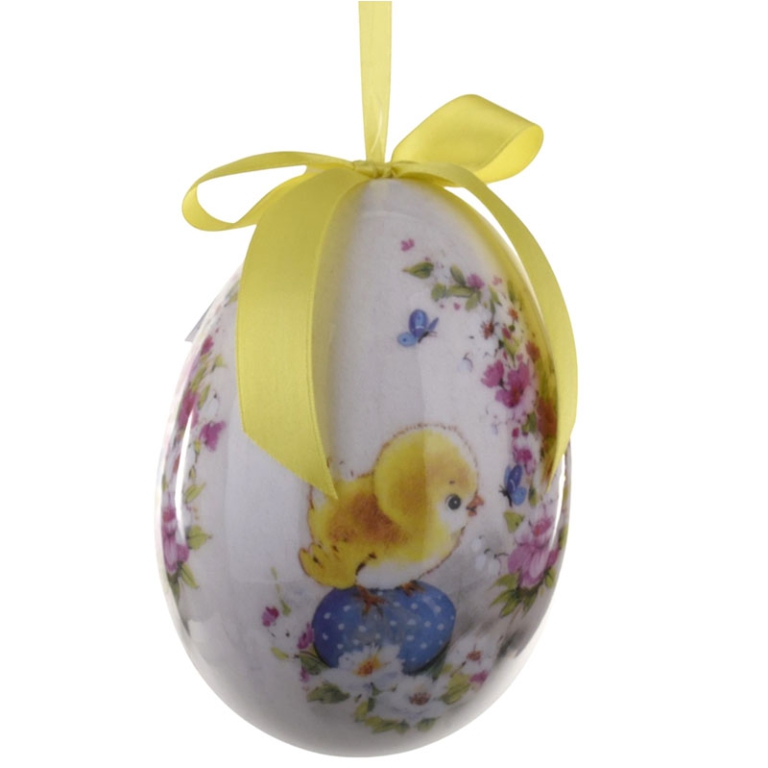 UOVO H15CM CON FIOCCO GIALLO DECORO CONIGLIETTO