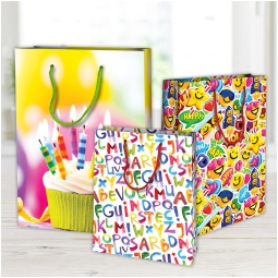 SHOPPER 33X10X45CM CARTA PLASTIFICATA 10PZ HAPPY