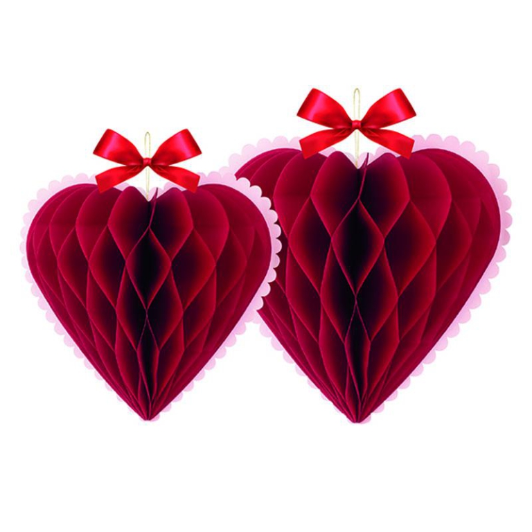 DECORAZIONI CARTA 2 PEZZI    CUORI ROSSI 20-25CM