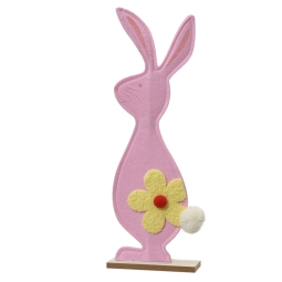 DECORO CONIGLIO FELTRO H40CM ROSA BASE LEGNO