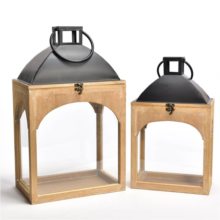 SET LANTERNE 2 PEZZI LEGNO E METALLO