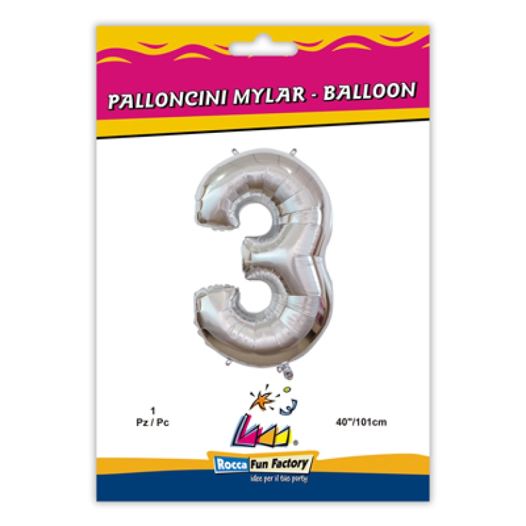 PALLONCINI MYLAR NUMERO 3 ARGENTO METAL 101CM