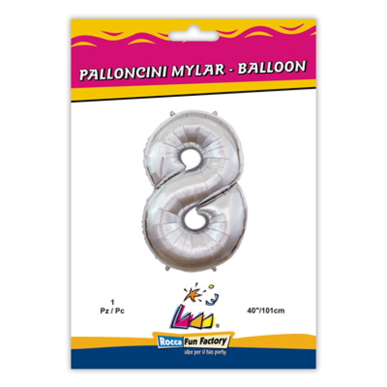 PALLONCINI MYLAR NUMERO 8 ARGENTO METAL 101CM