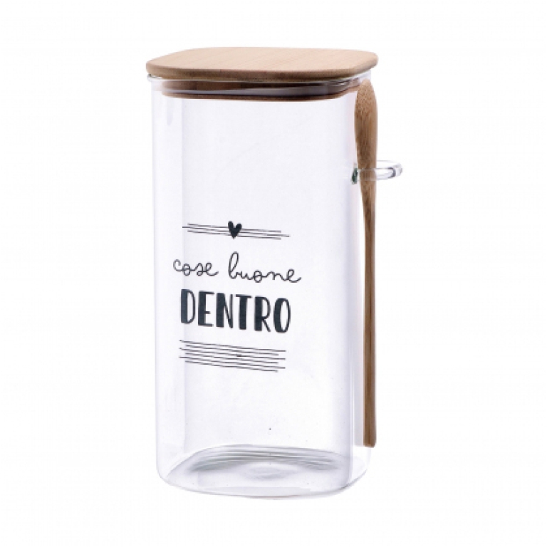 BARATTOLO VETRO 10X10X21H TAPPO E CUCCHIAIO BAMBOO