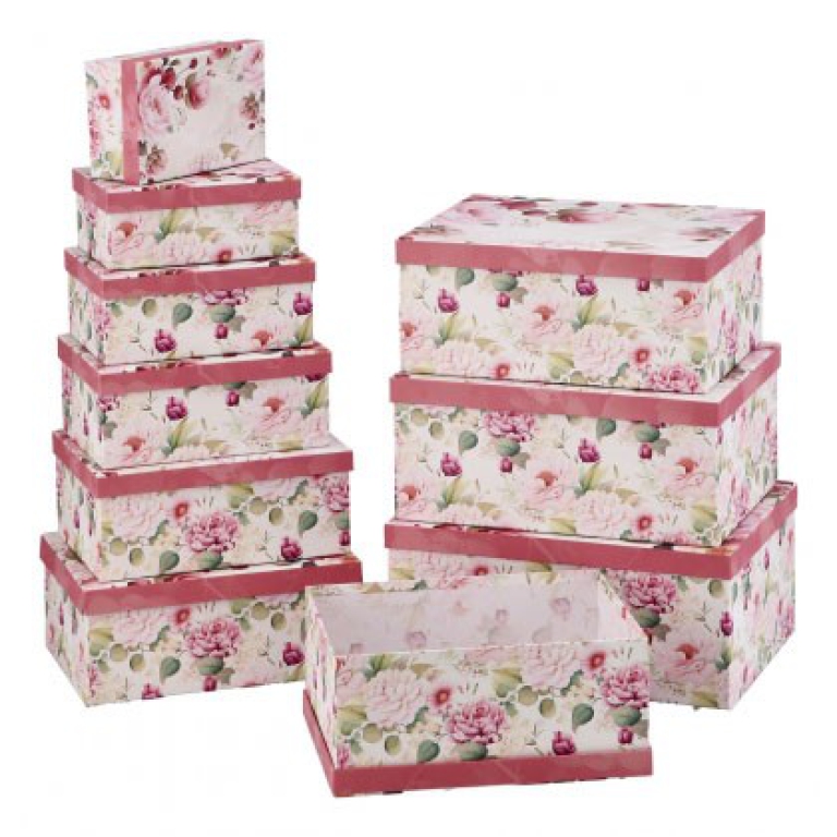 SCATOLA SET 10PZ DECORO FLOREALE COPERCHIO ROSA