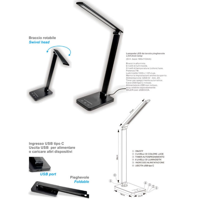 LAMPADA LED PIEGHEVOLE DA TAVOLO BRACCIO ROTANTE 5