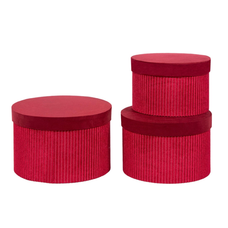 SCATOLE 3PZ TONDE VELLUTO ROSSO D.23,5-21,5-19CM