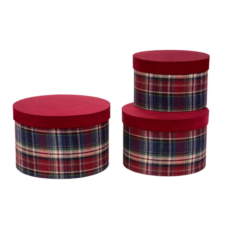 SCATOLE 3PZ TONDE SCOZZESE ROSSO D.23,5-21,5-19CM