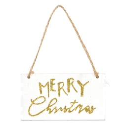 DECORO 2 PEZZI TAG LEGNO BIANCO 8X4CM MERRY XMAS ORO