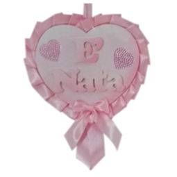 COCCARDA NASCITA CUORE E' NATA LEGNO ROSA 24X33H