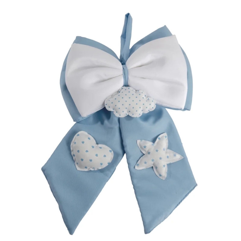 FIOCCO NASCITA AZZURRO 33CM DETTAGLI BIANCHI POIS