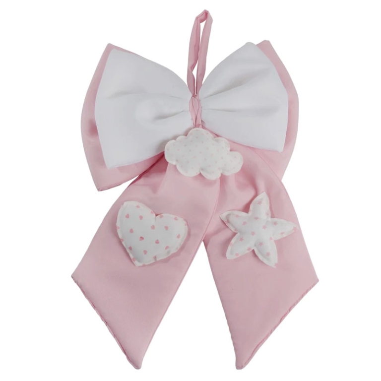 FIOCCO NASCITA ROSA 33CM DETTAGLI BIANCHI POIS