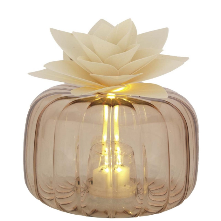 DIFFUSORE VETRO LED 11X7CM CON FIORE LEGNO AVORIO