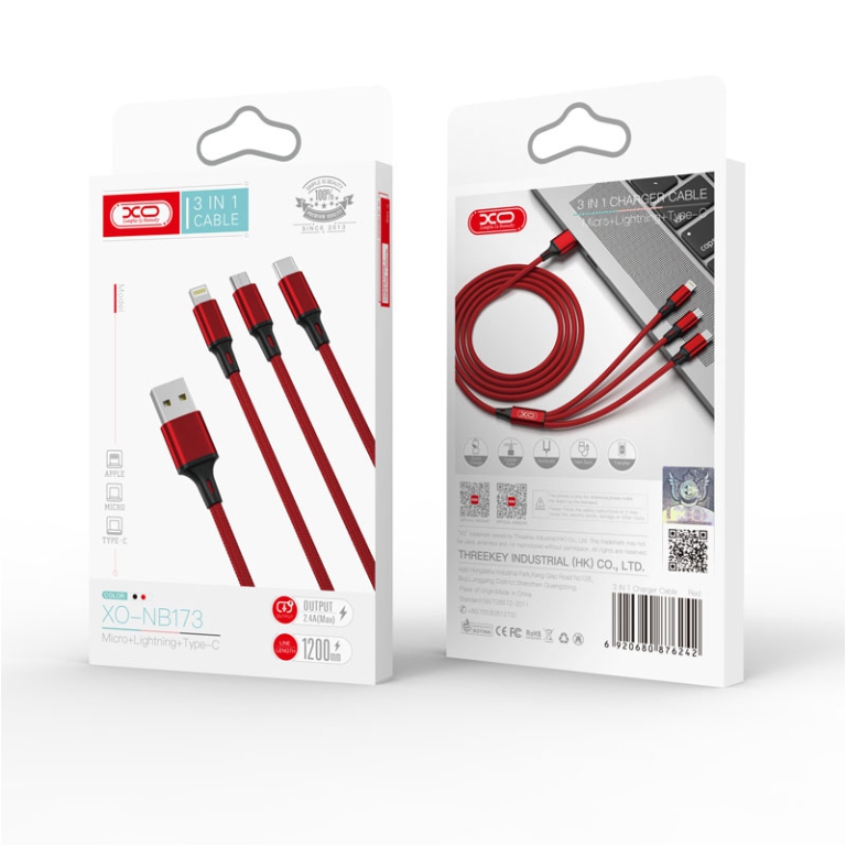 CAVO USB 3IN1 TYPE-C/MICRO USB/LIGHT ROSSO 2,4A 5