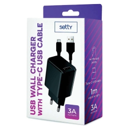 CARICATORE DA MURO SETTY USB 3A + CAVO TYPE-C NERO