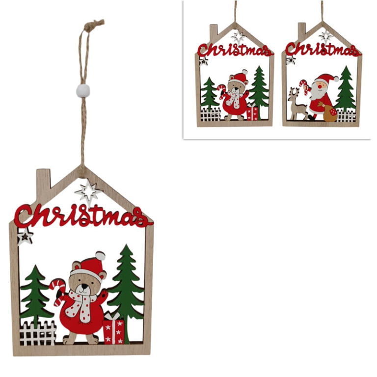 ADDOBBO CASA CON SOGGETTI NATALE LEGNO APPENDIBILE