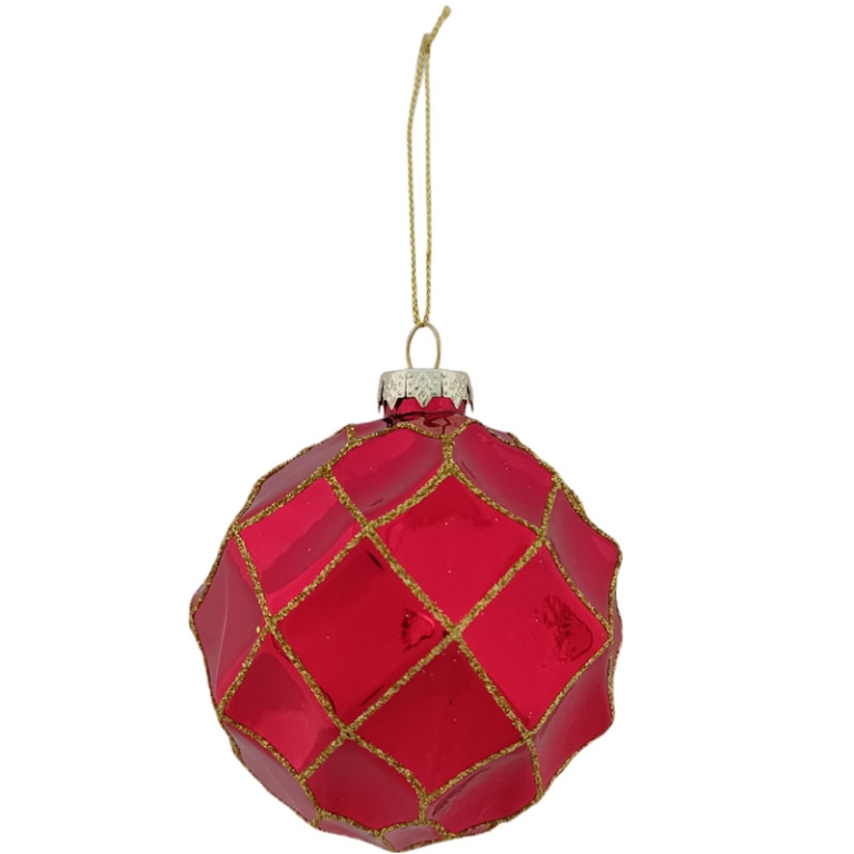 DECORO SFERA D10CM ROSSA ROMBI GLITTERATI