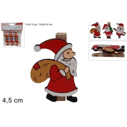 MOLLETTE LEGNO 6PZ BABBO NATALE COLORI ASSORTITI