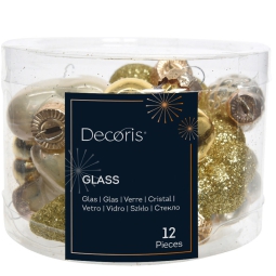 DECORI VETRO 12PZ PERLA E ORO SOGGETTI ASSORTITI