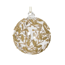 SFERA VETRO D10CM DECORO FOGLIE TRASPARENTE