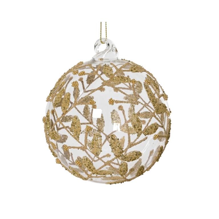 SFERA VETRO D10CM DECORO FOGLIE TRASPARENTE