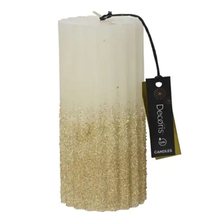 CANDELA CILINDRO BEIGE   D7H15CM DECORO GLITTER