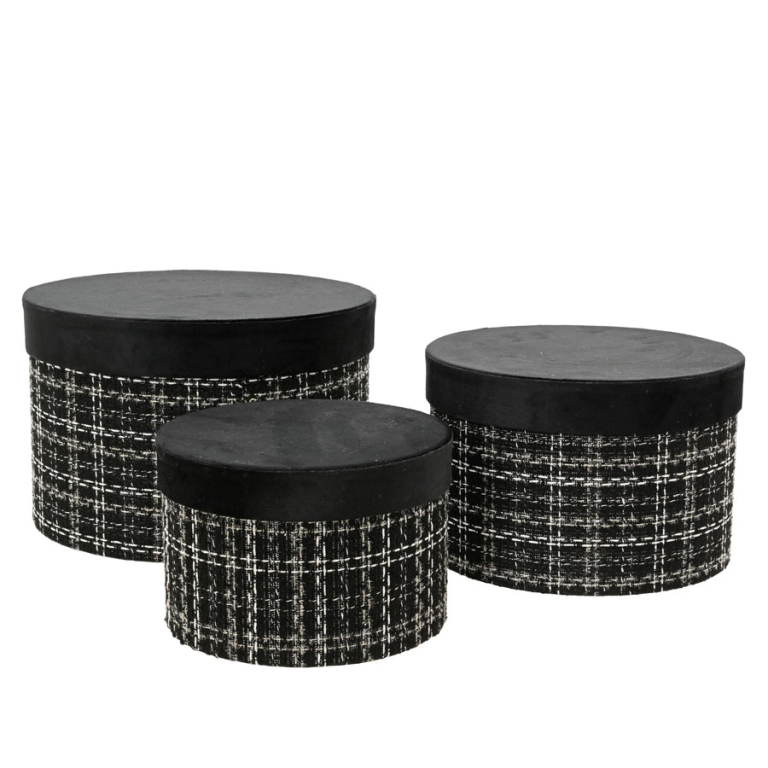 SCATOLE TONDE NERO/BIANCO SET 3PZ TWEED VELLUTO