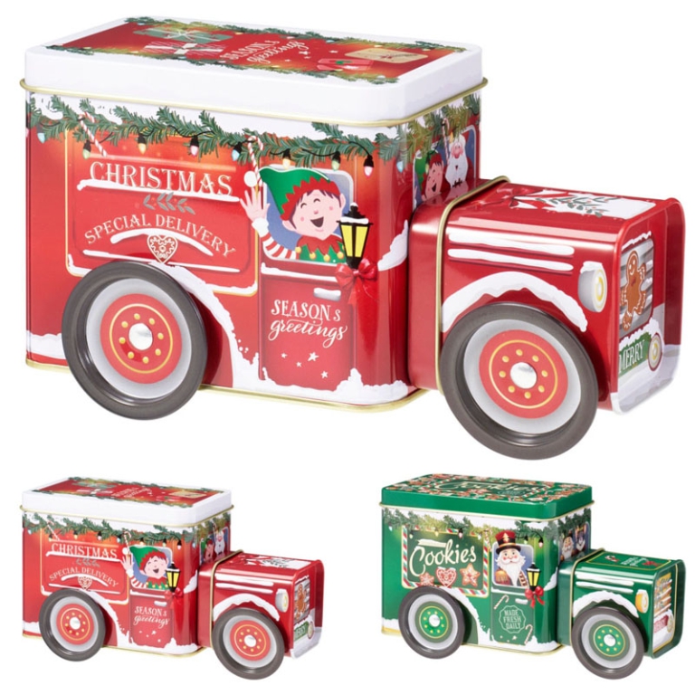 SCATOLA LATTA 18CM CAMIONCINI NATALIZI