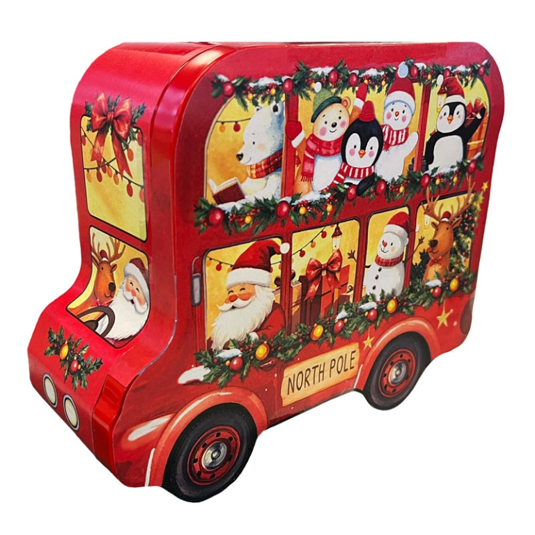 LATTA NATALIZIA BUS CON  BISCOTTI E DECORAZIONE