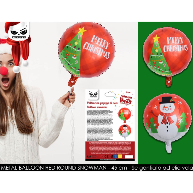 PALLONCINO MERRY XMAS RED METALLIZZATO ALBERO E PUPAZZO