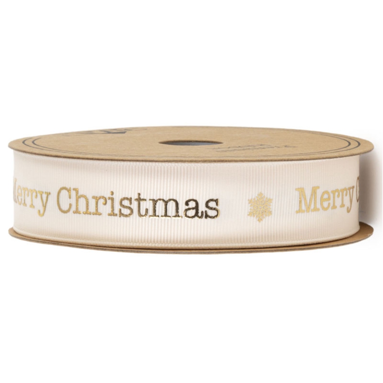 NASTRO TESSUTO 25MMX20MT BEIGE MERRY CHRISTMAS ORO
