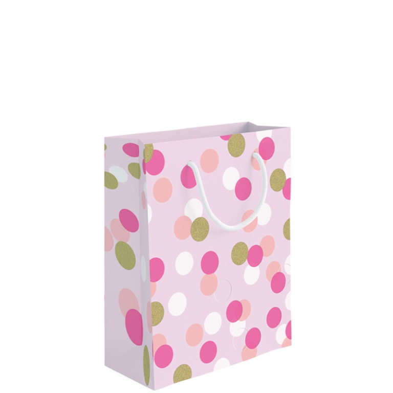SHOPPER 18X10H23CM POIS FOIL ORO FONDO ROSA